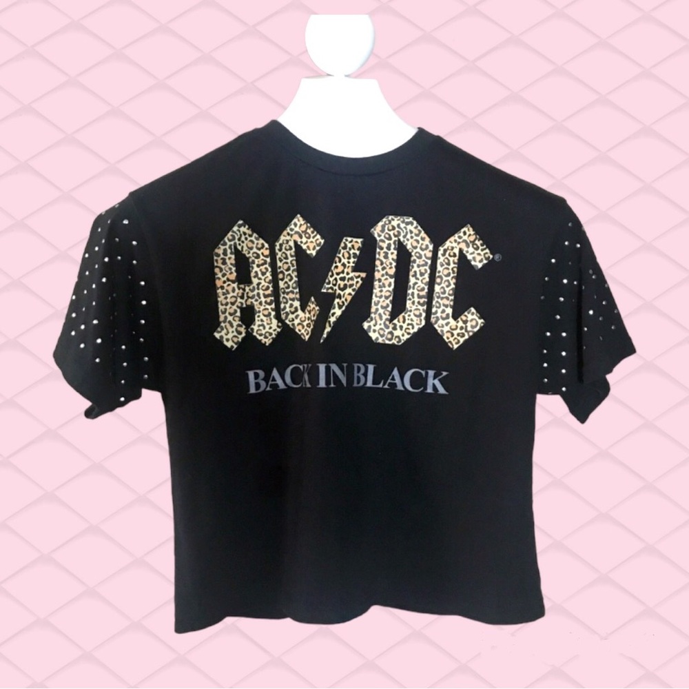 Iconic ACDC Crop Tee! Studded Short Sleeve, Animal Print & Black, L NWOT